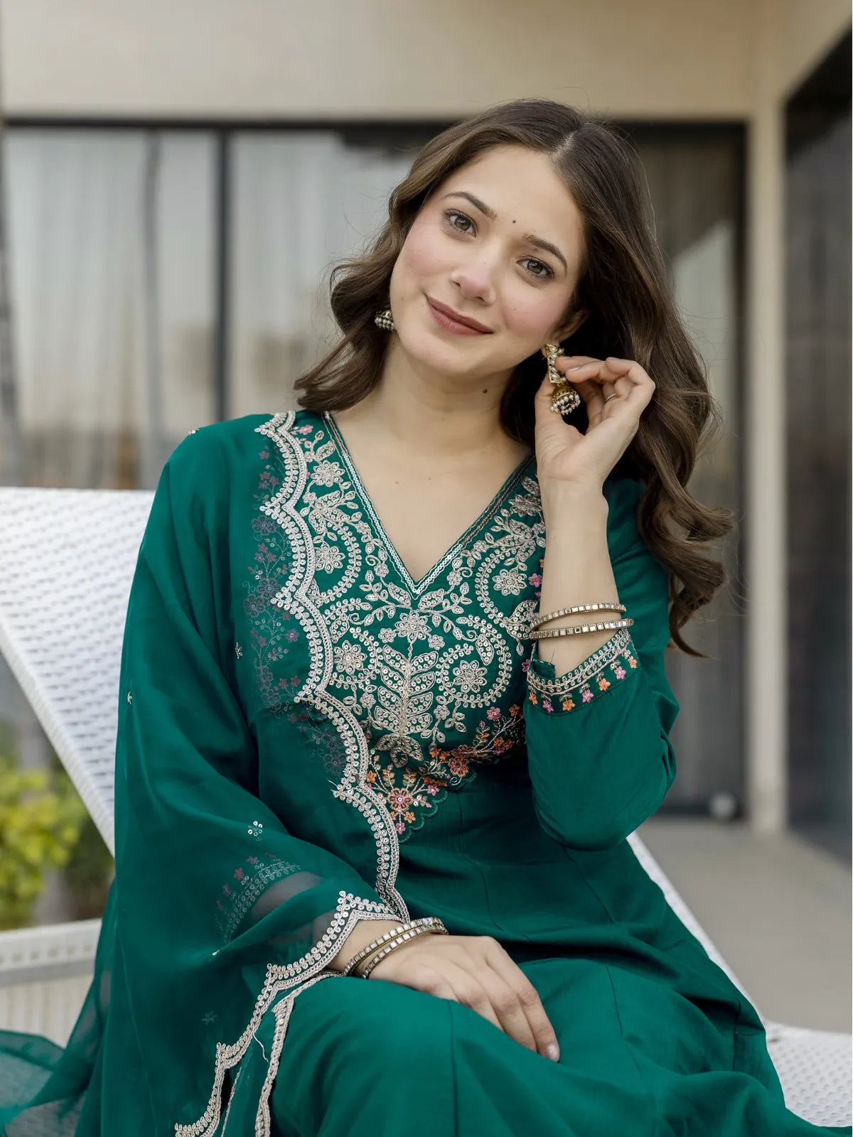 Tarani green Chinon dress close-up showing neckline embroidery and sleeve detailing