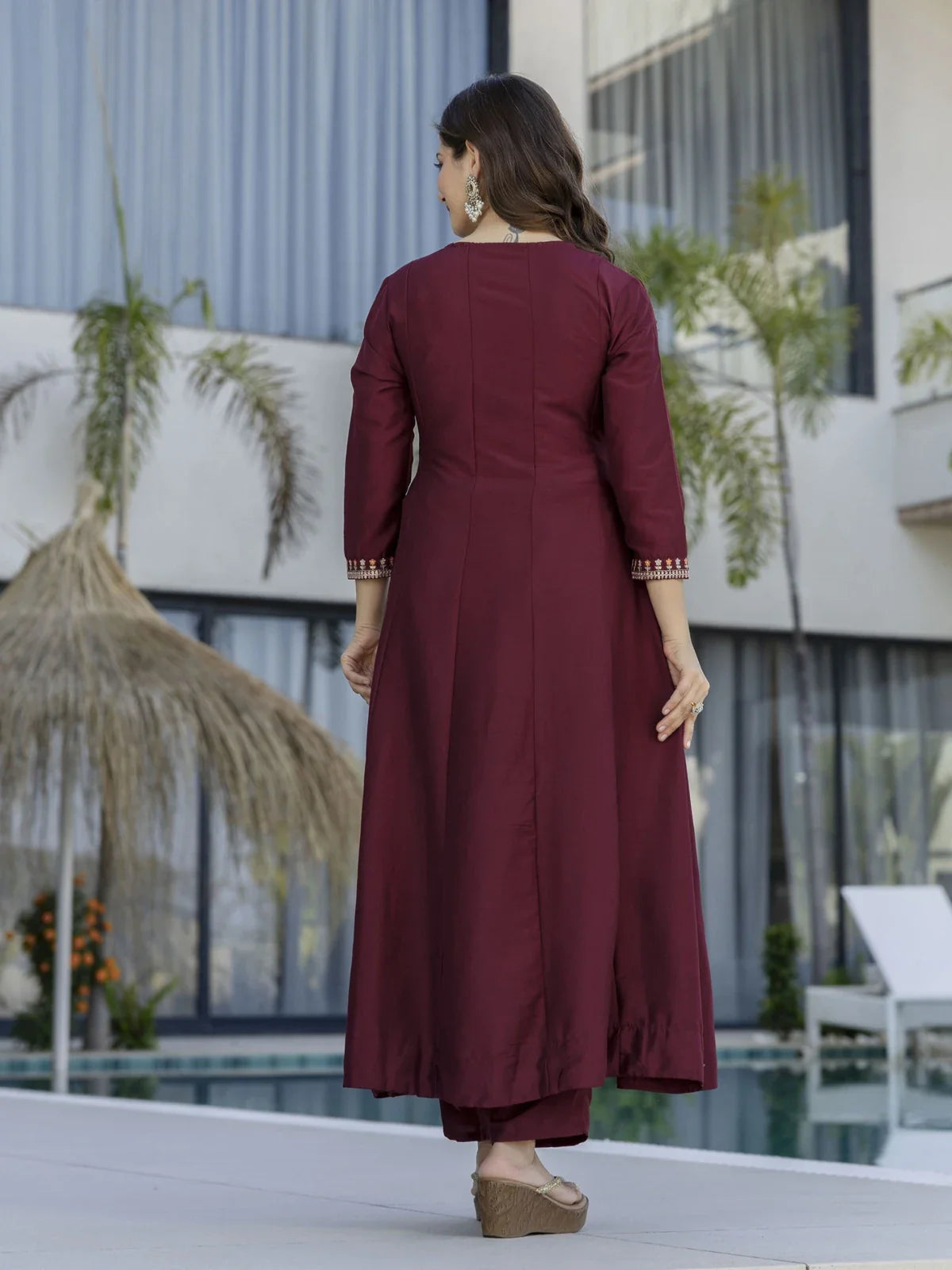 Tarani maroon chinon dress full back view with elegant fall