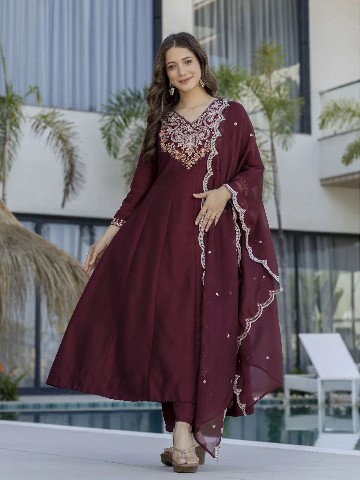 Tarani premium maroon chinon dress with embroidery and organza dupatta full view