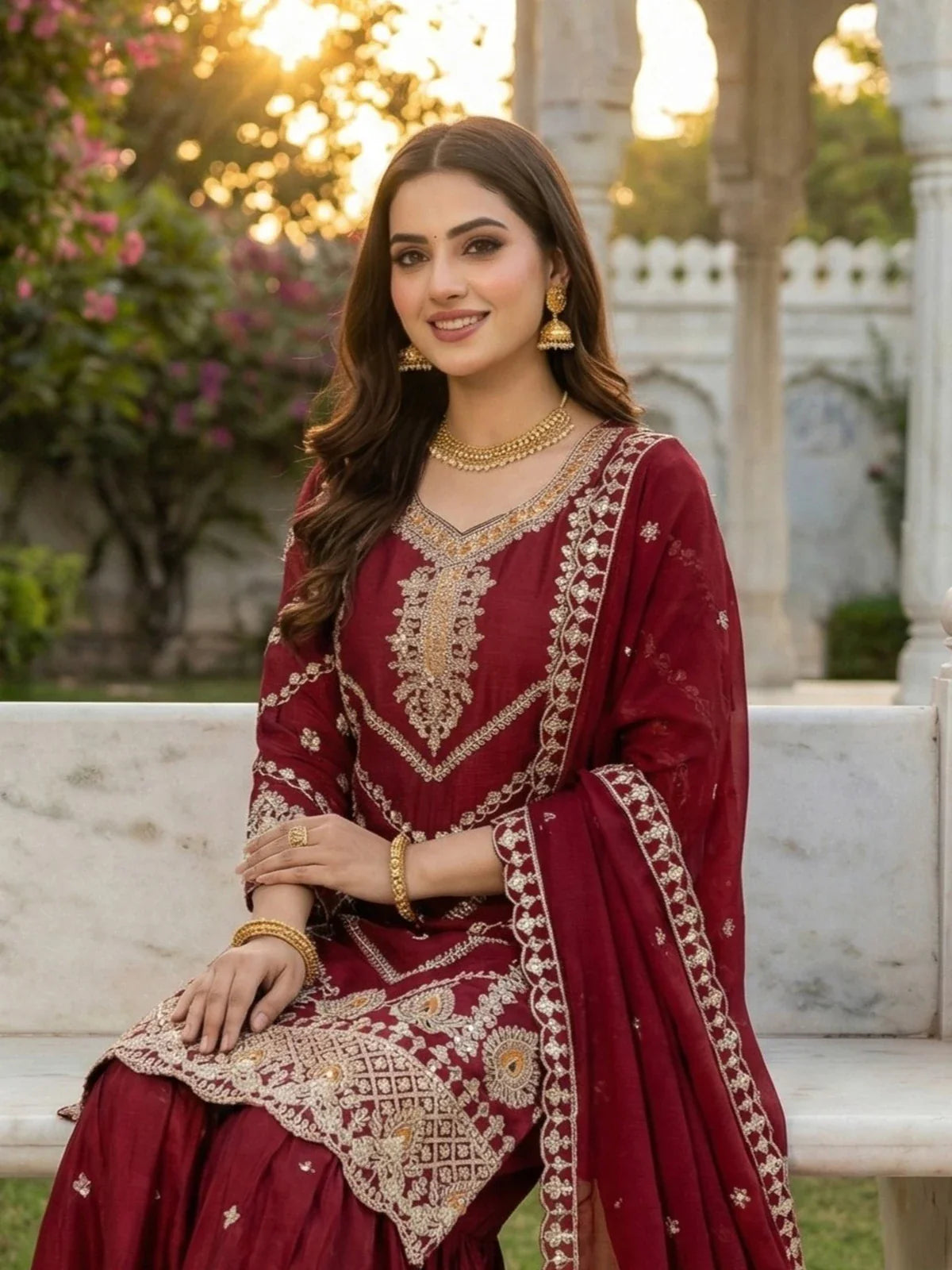 Tarani maroon embroidered chinon dress upper body closeup with traditional jewellery and sunset backdrop