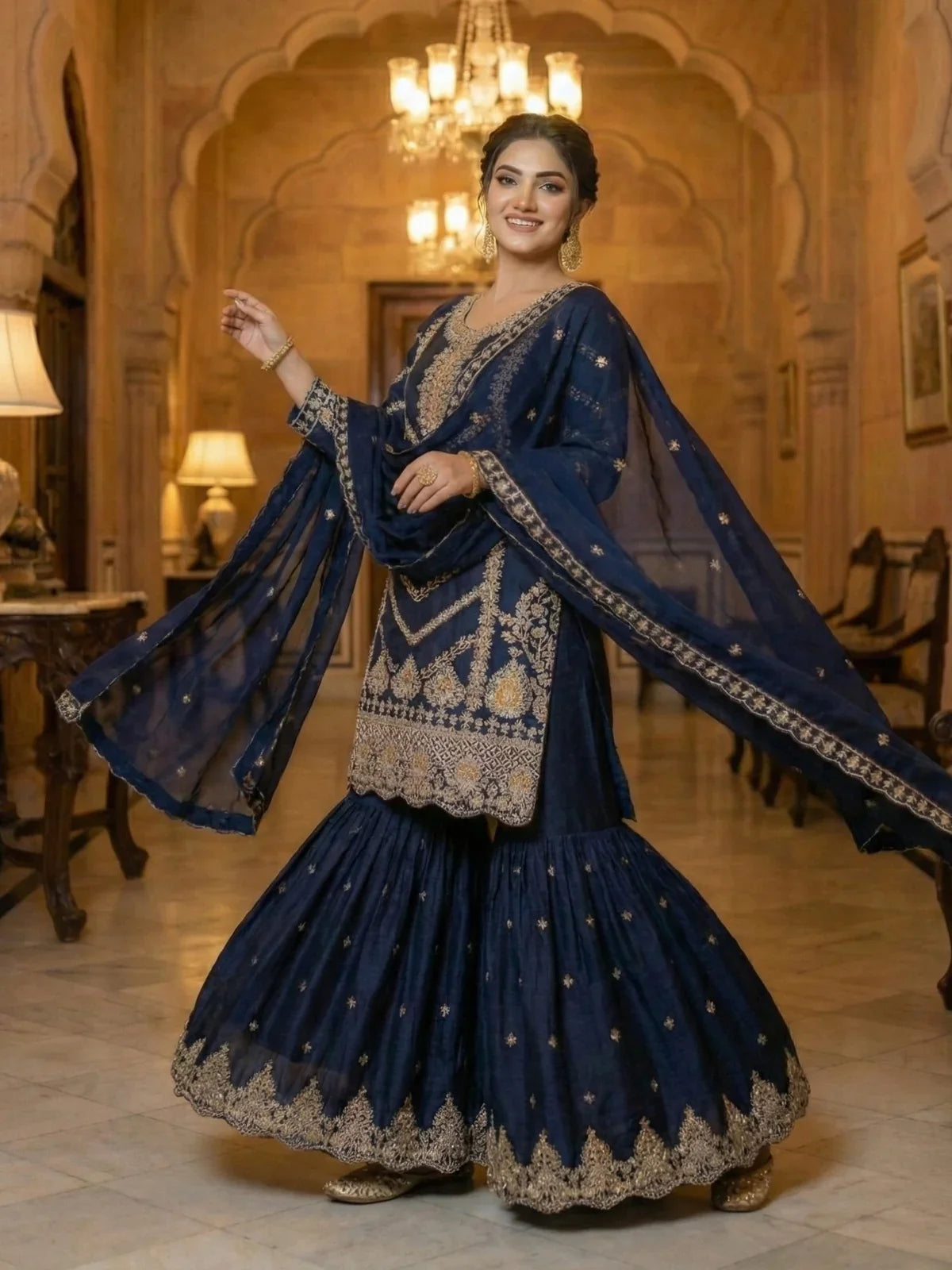 Tarani chinon navy blue sharara suit with festive detailing - front pose