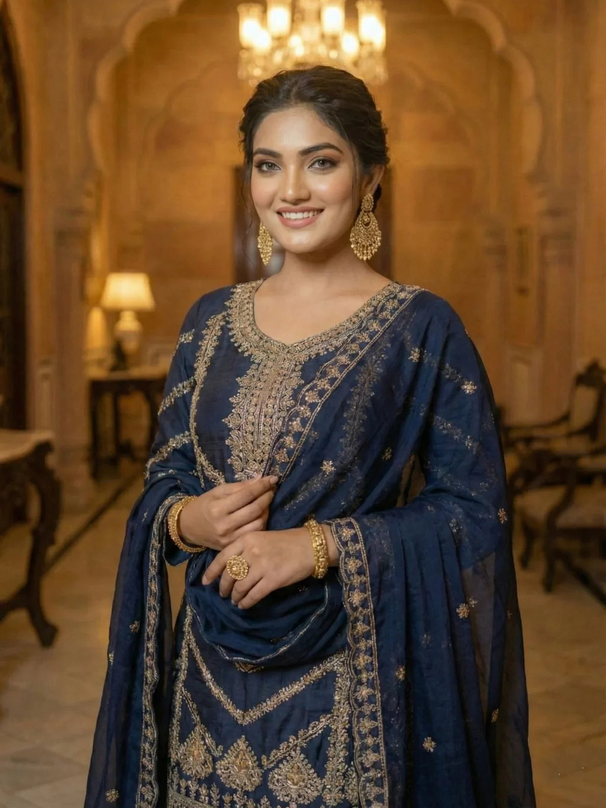 Tarani chinon navy blue embroidered sharara suit with detailed neckline - upper body view