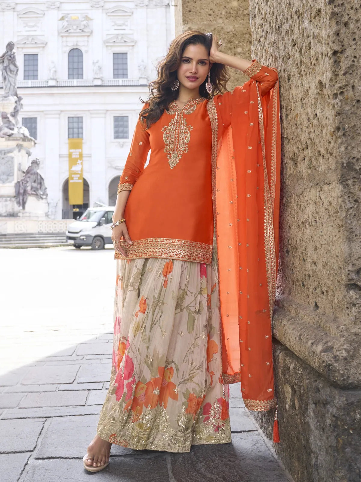 Tarani orange party wear chinon suit full view with embroidery details