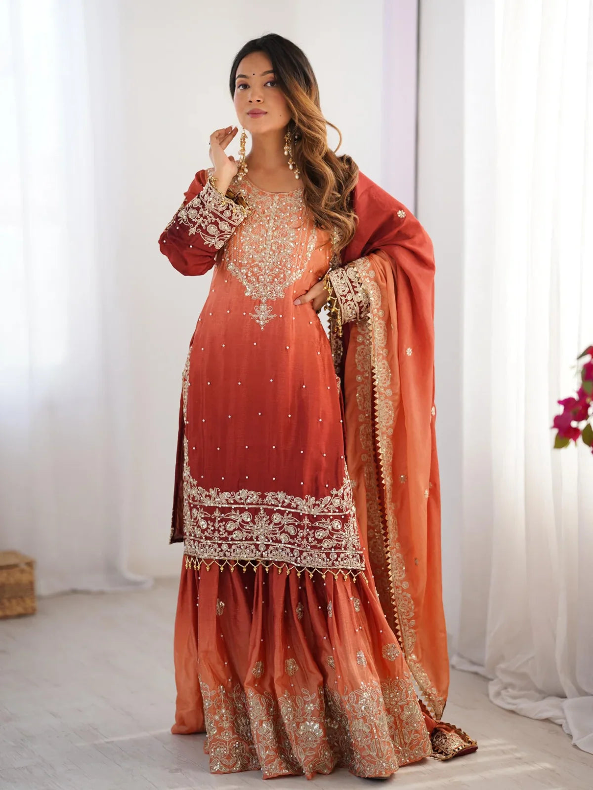 Tarani festive chinon orange embroidered dress with palazzo and dupatta full front view