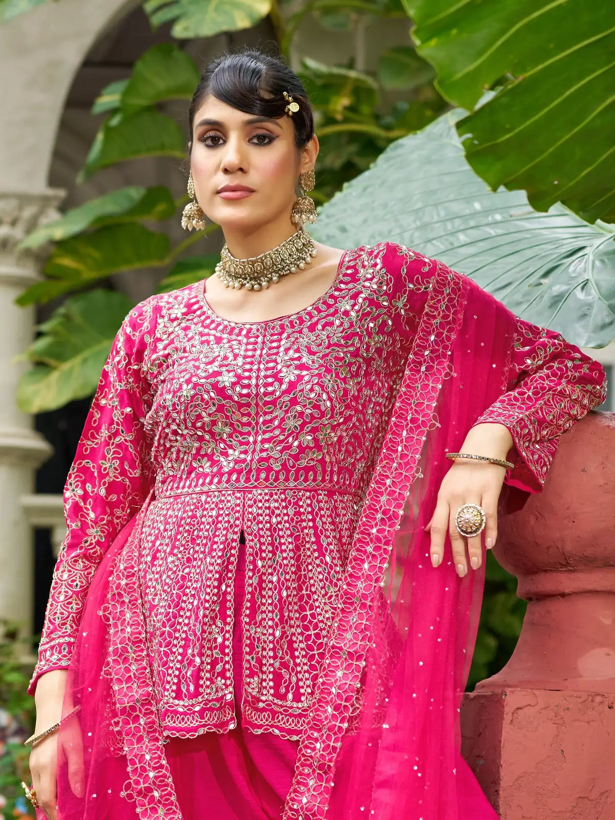 Tarani pink chinon dress close-up showing intricate embroidery and real mirror work on bodice
