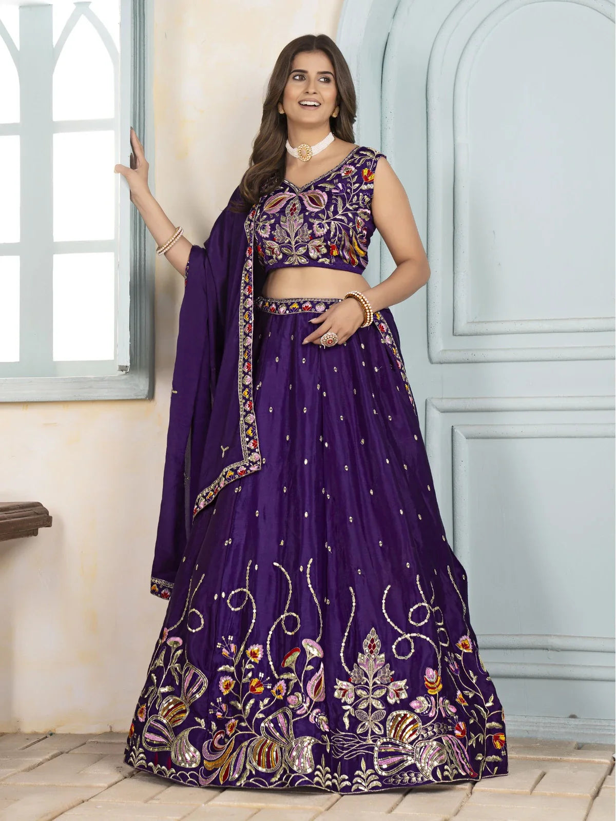 Tarani purple chinon lehenga full view with embroidered blouse and dupatta
