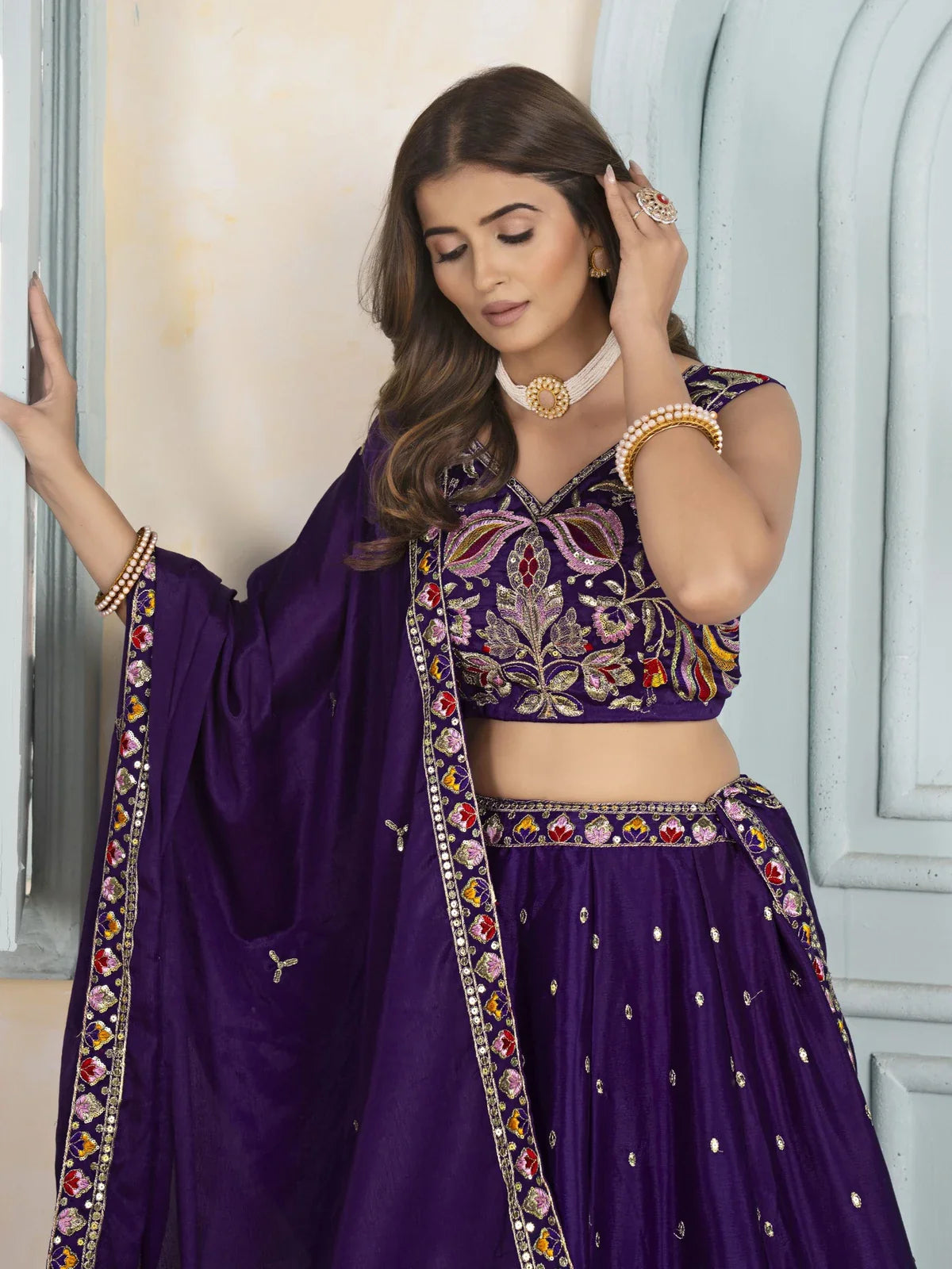 Tarani purple chinon lehenga upper body view showing blouse embroidery