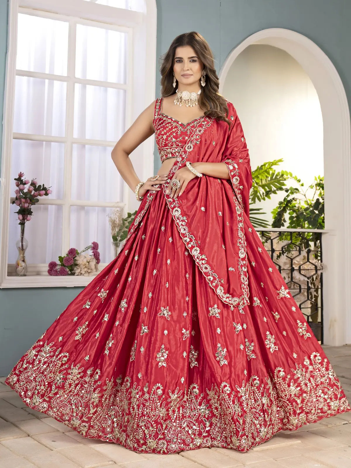 Tarani red chinon lehenga with heavy embroidery full view for wedding occasions