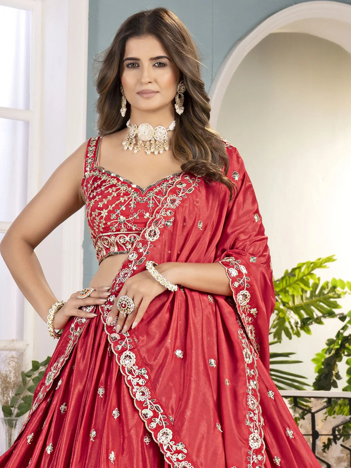 Tarani red chinon lehenga with embroidered blouse upper body view