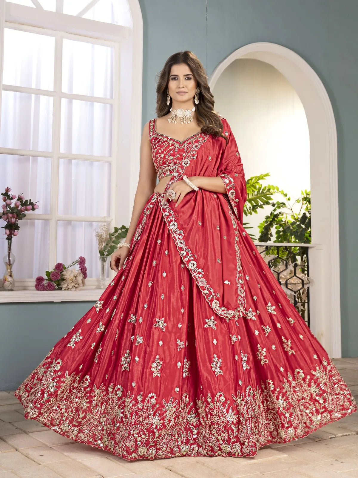 Tarani embroidered red chinon lehenga close-up blouse view with sequence work