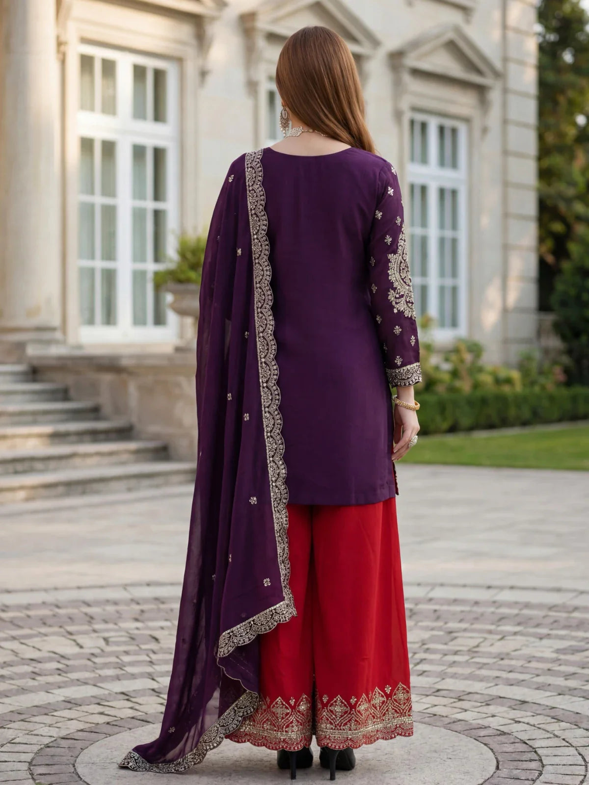 Tarani Chinon Silk purple dress with red palazzo back view for festive and wedding wear