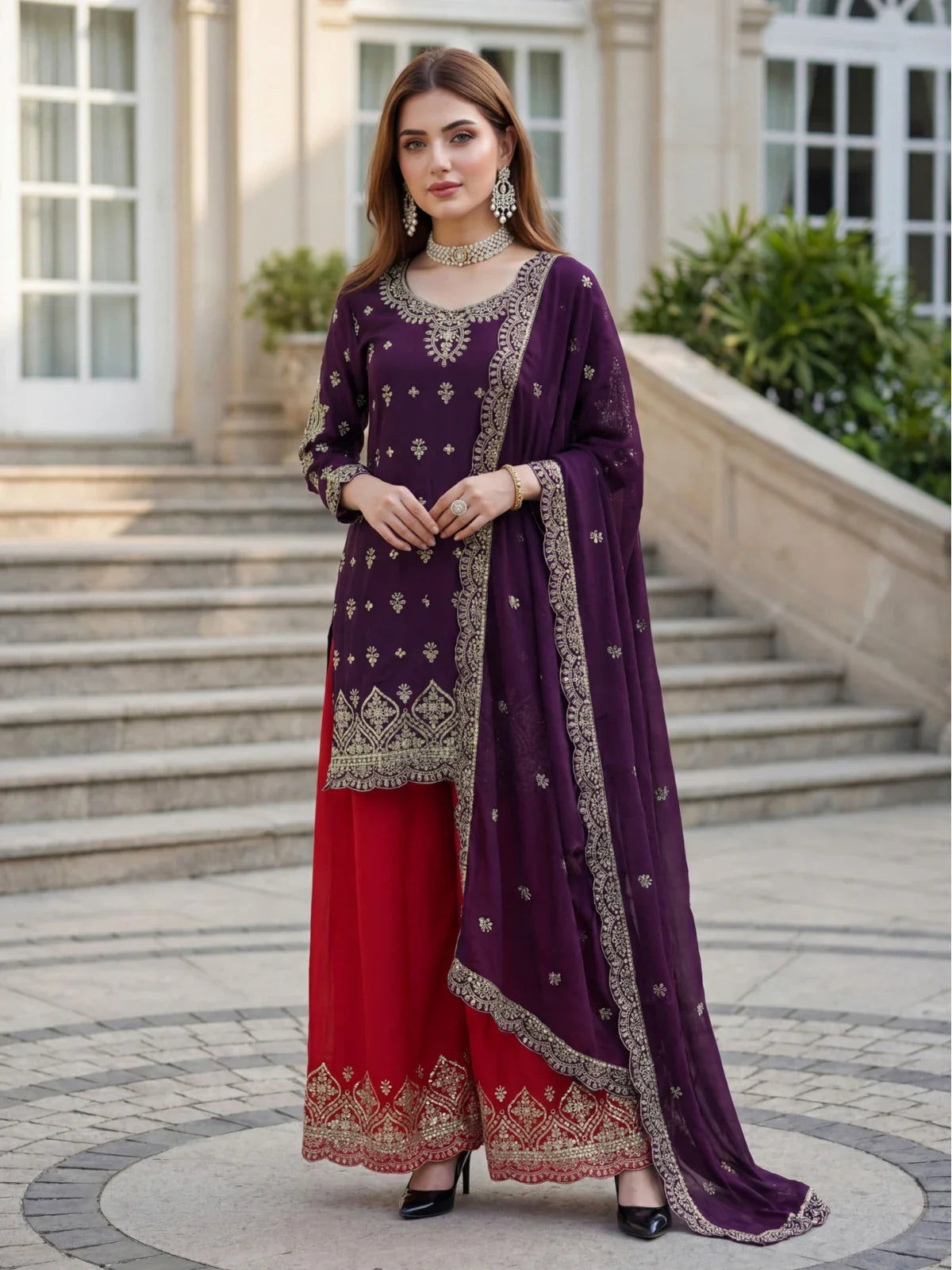 Tarani Chinon Silk purple embroidered dress with red palazzo and dupatta full front view