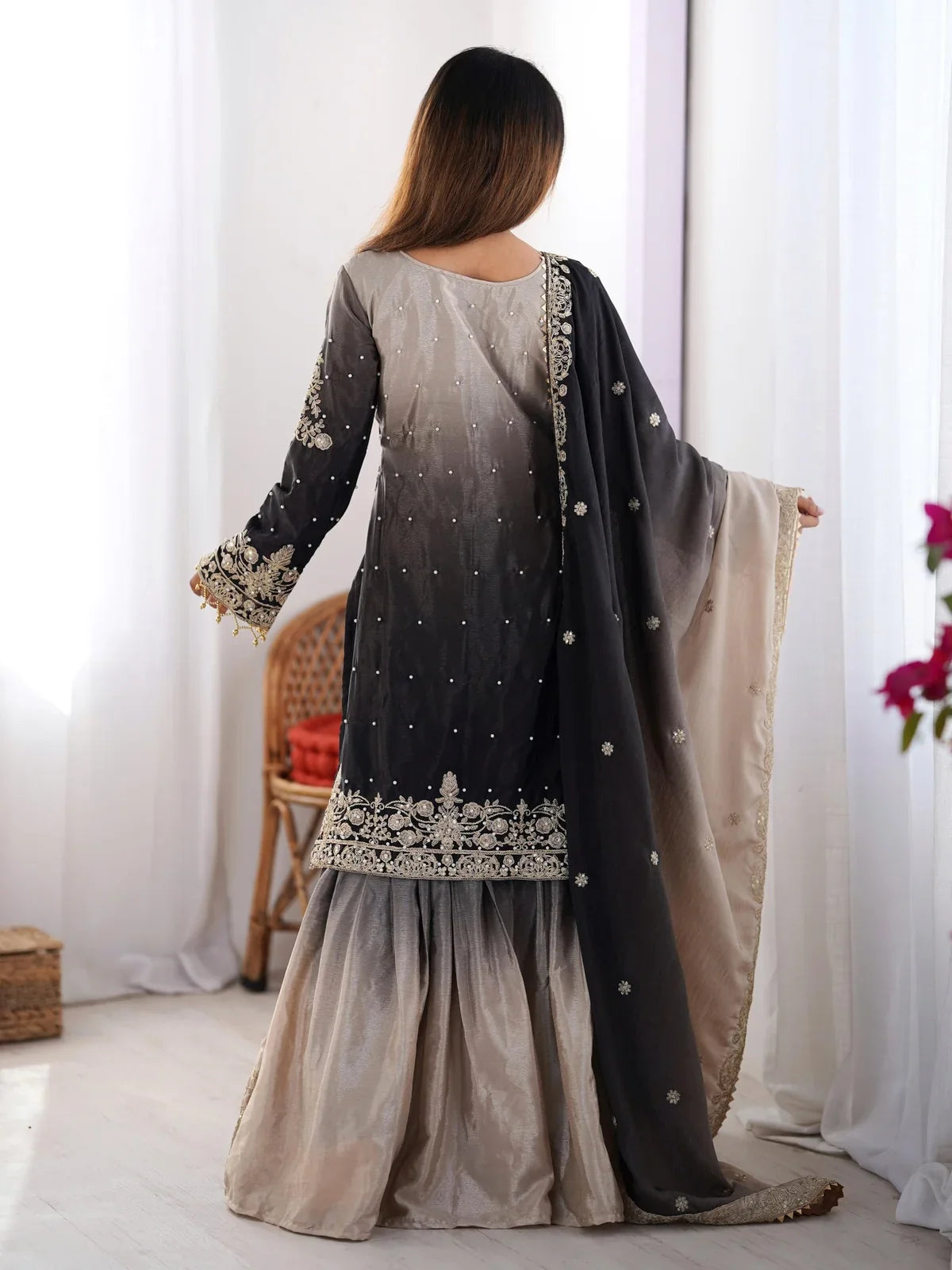 Tarani chinon silk grey dress back view showing full outfit flow