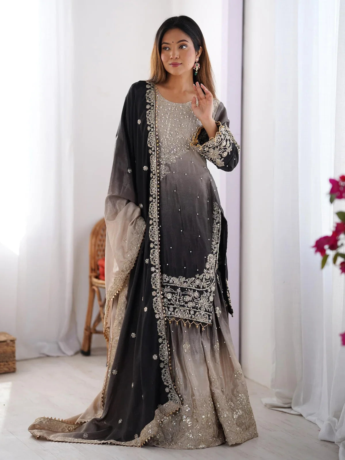 Tarani grey chinon silk embroidered dress with plazo and dupatta full view festive wear