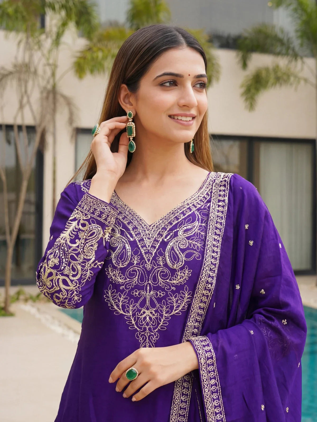 Tarani purple chinon silk embroidered dress close-up of neckline and upper-body styling