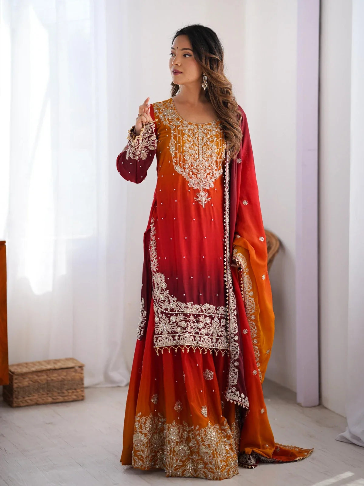 Tarani red ombre chinon silk dress with embroidery and full flared plazo front view