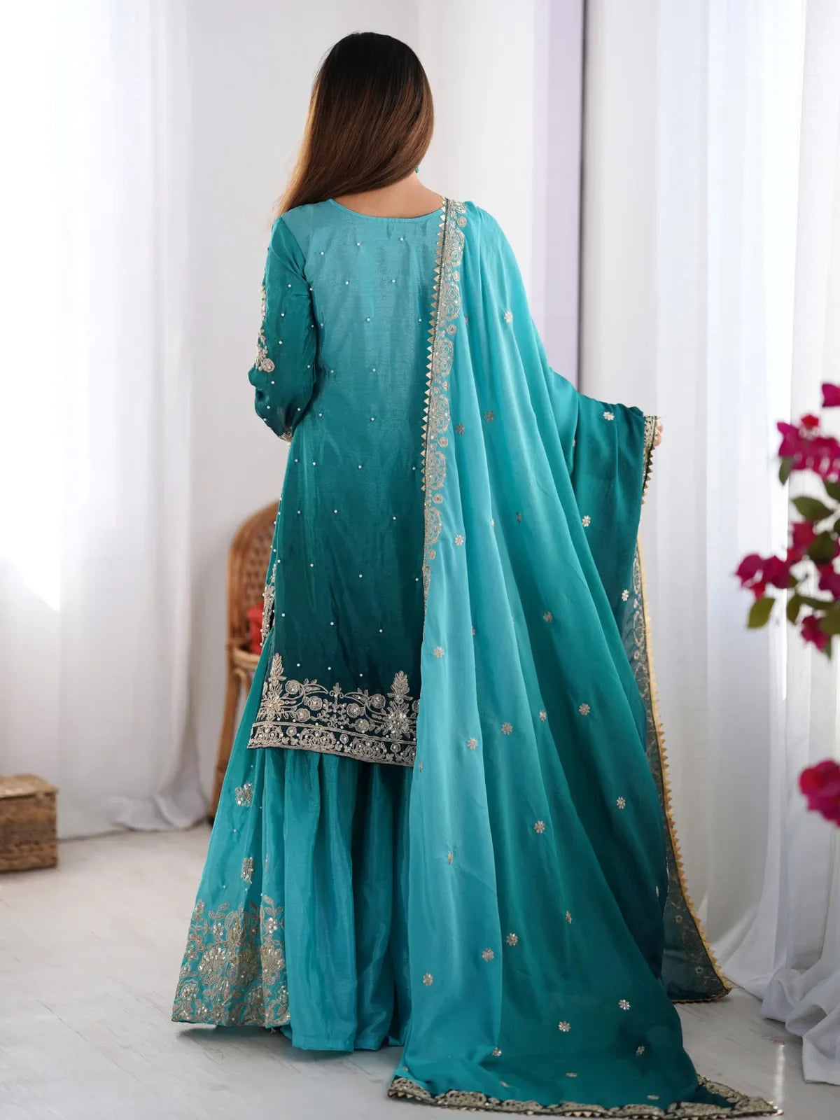 Tarani teal green chinon silk embroidered dress back-view view