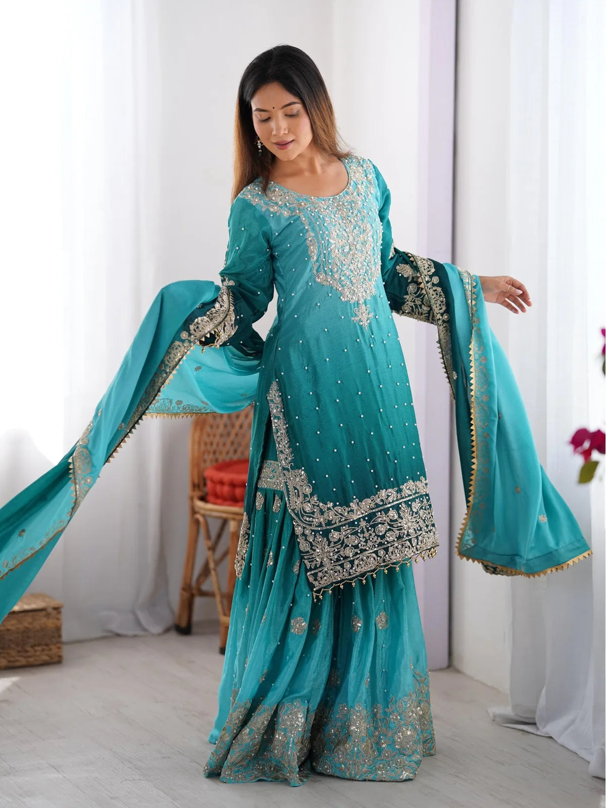 Tarani teal green chinon silk embroidered dress set with plazzo and dupatta full view