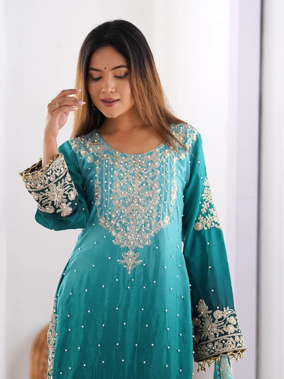 Tarani teal green chinon silk embroidered dress upper-body-view view