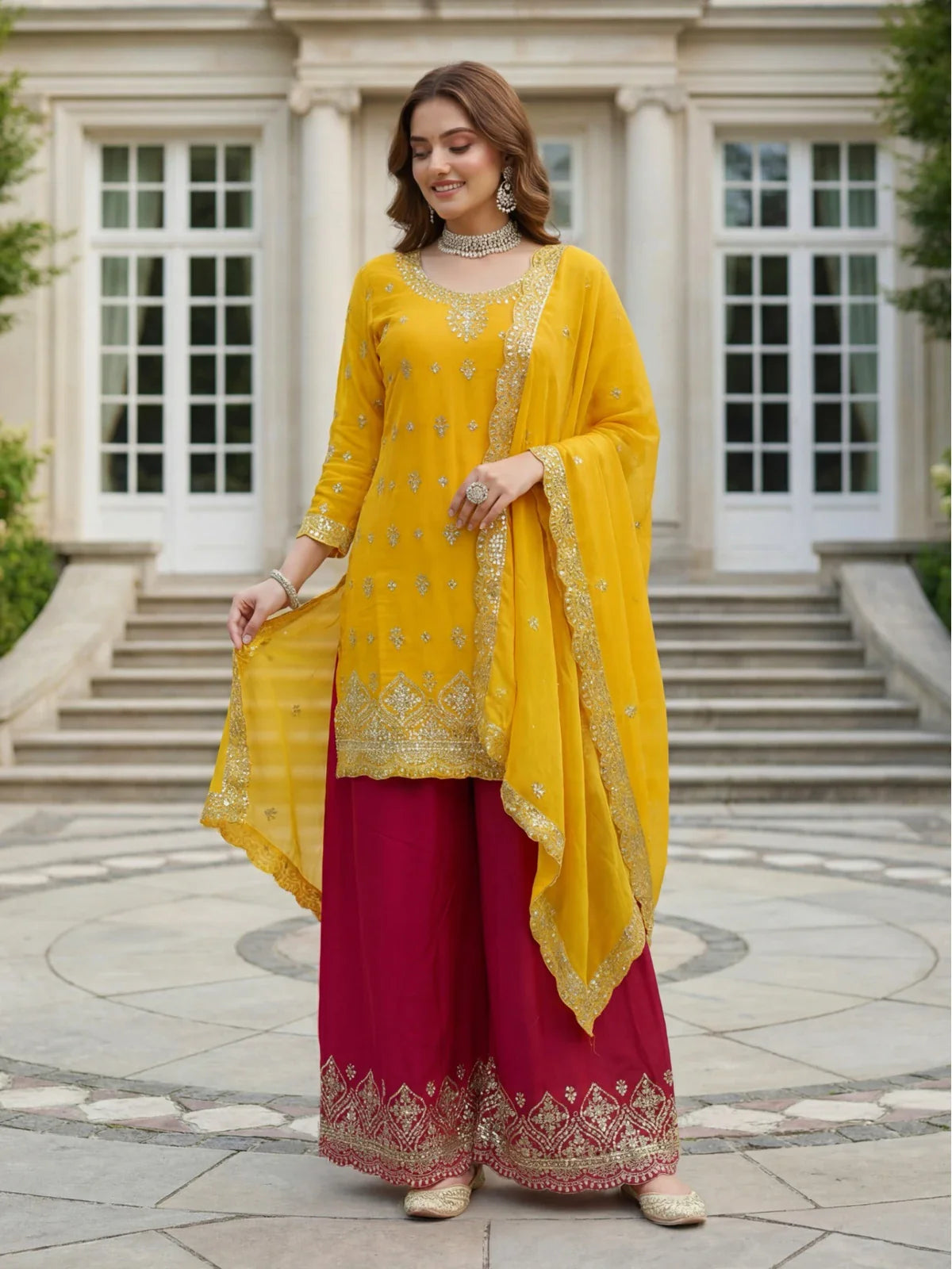 Tarani yellow chinon silk dress full view with embroidery sequence work for festive occasions