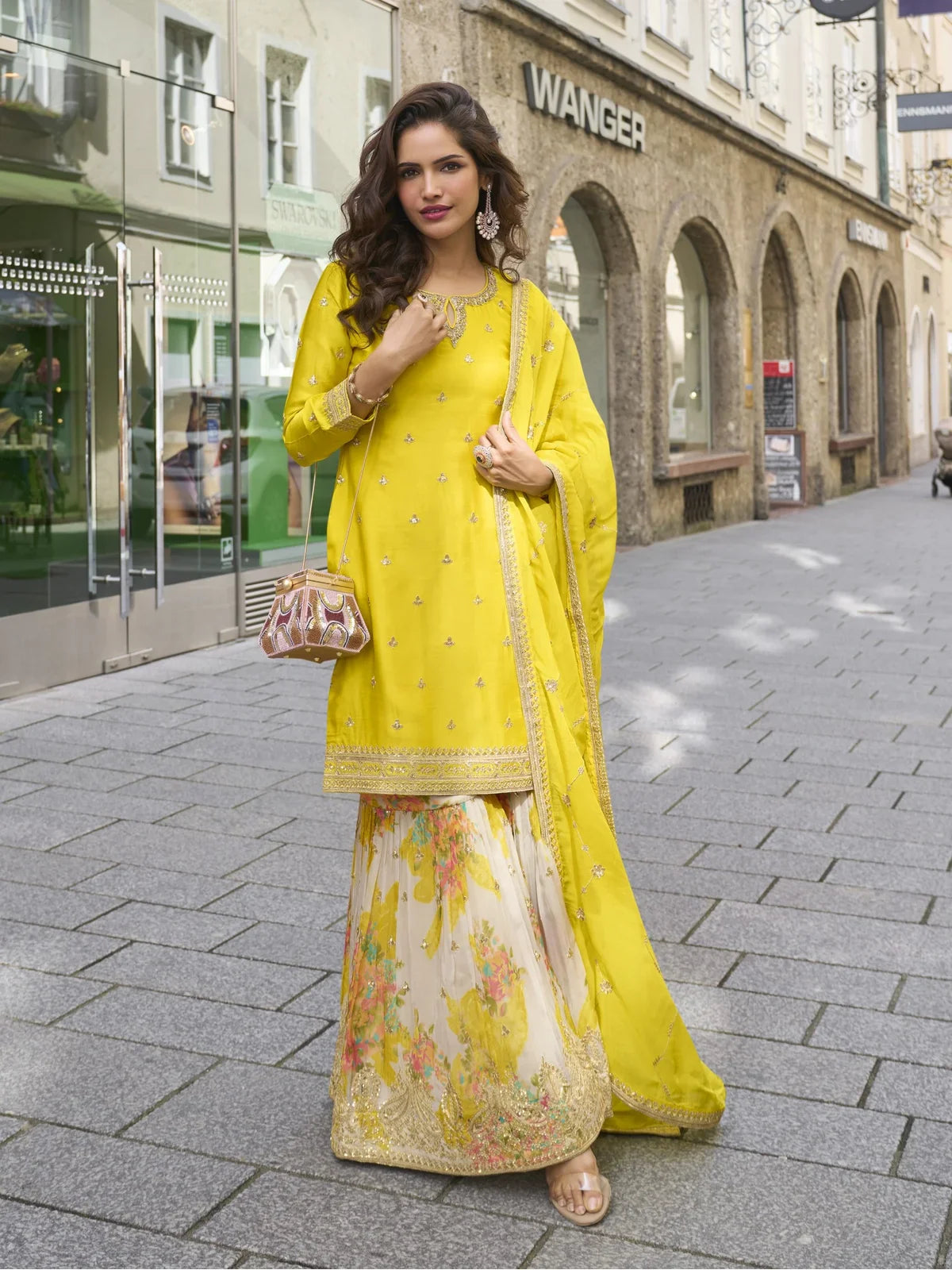 Tarani yellow chinon sharara suit with embroidered top and printed palazzo full view