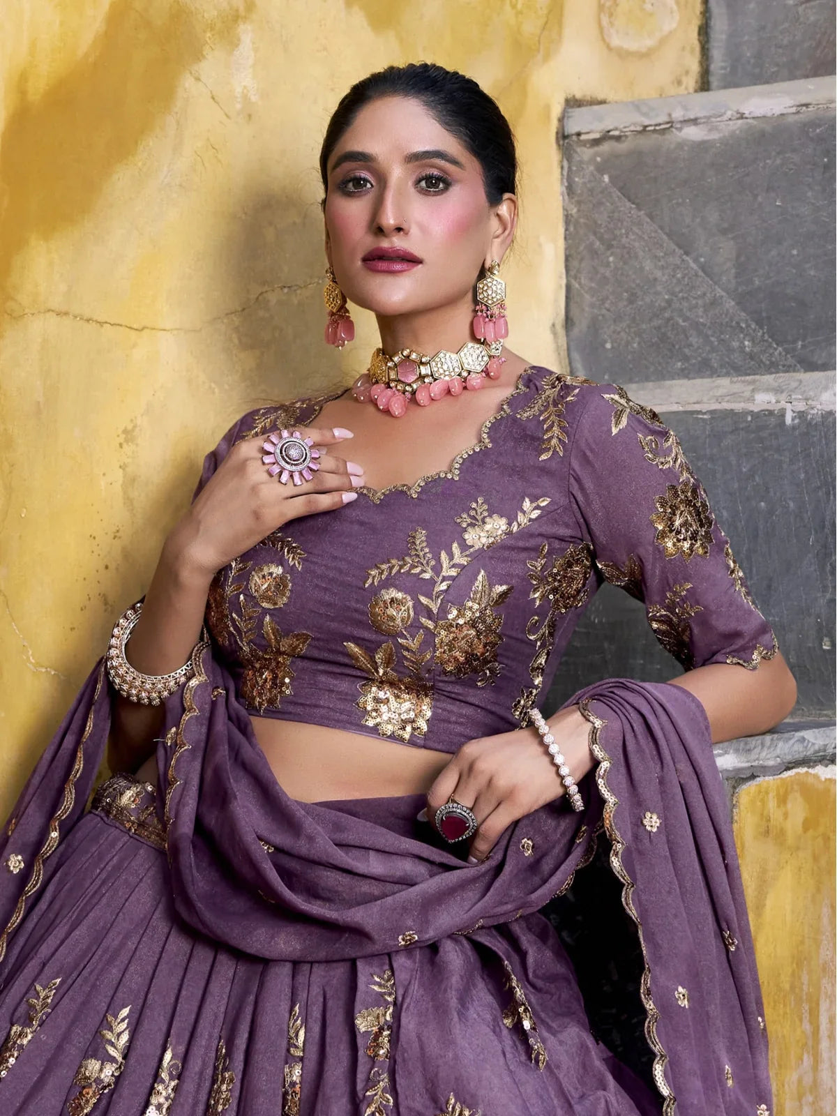 Tarani embroidered purple blouse in chocolate crush fabric with floral sequin detailing and round neck front