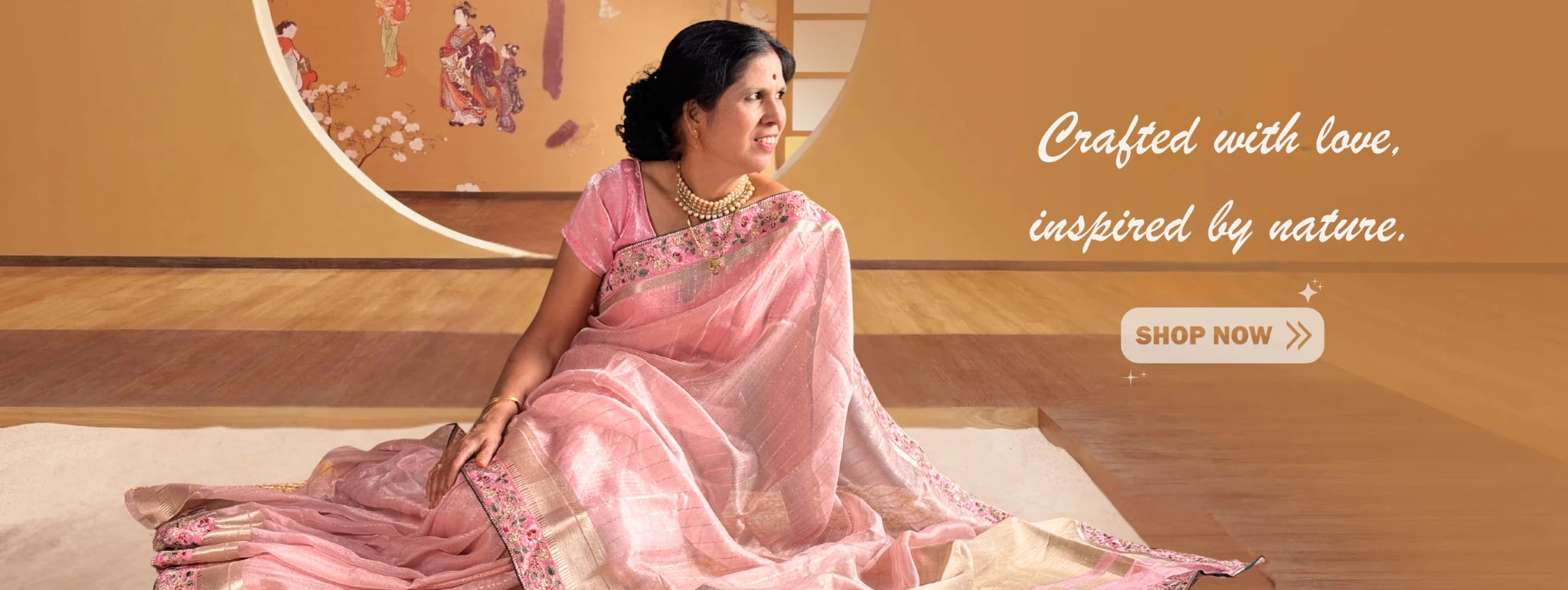 Tarani handcrafted pink silk saree banner showcasing elegance inspired by nature
