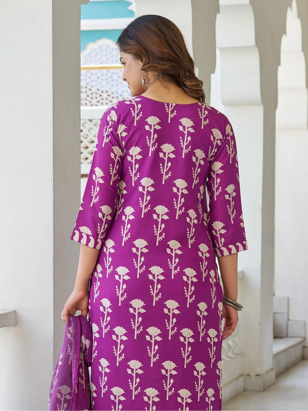 Tarani purple printed cotton blend dress back design view