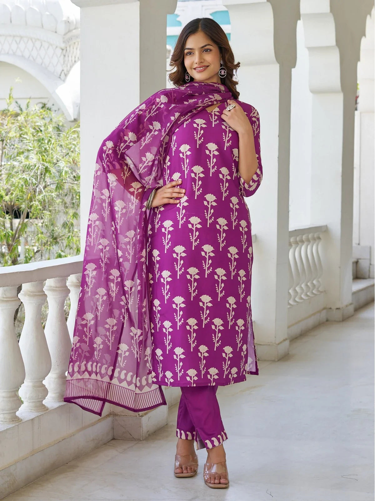 Tarani purple cotton blend printed dress with matching dupatta full view