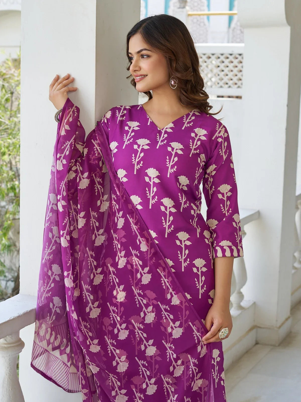 Tarani purple printed cotton blend dress upper body close-up with dupatta