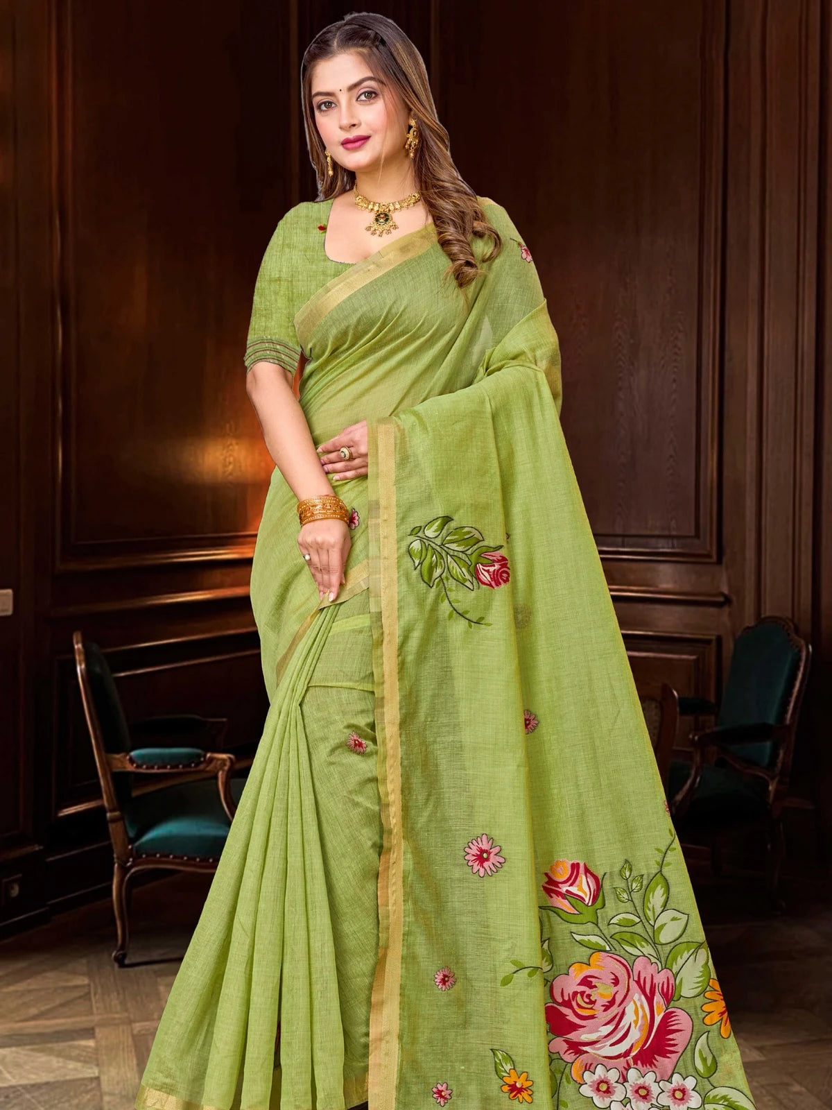 Tarani green cotton blend handloom zari border saree full front view with floral pallu