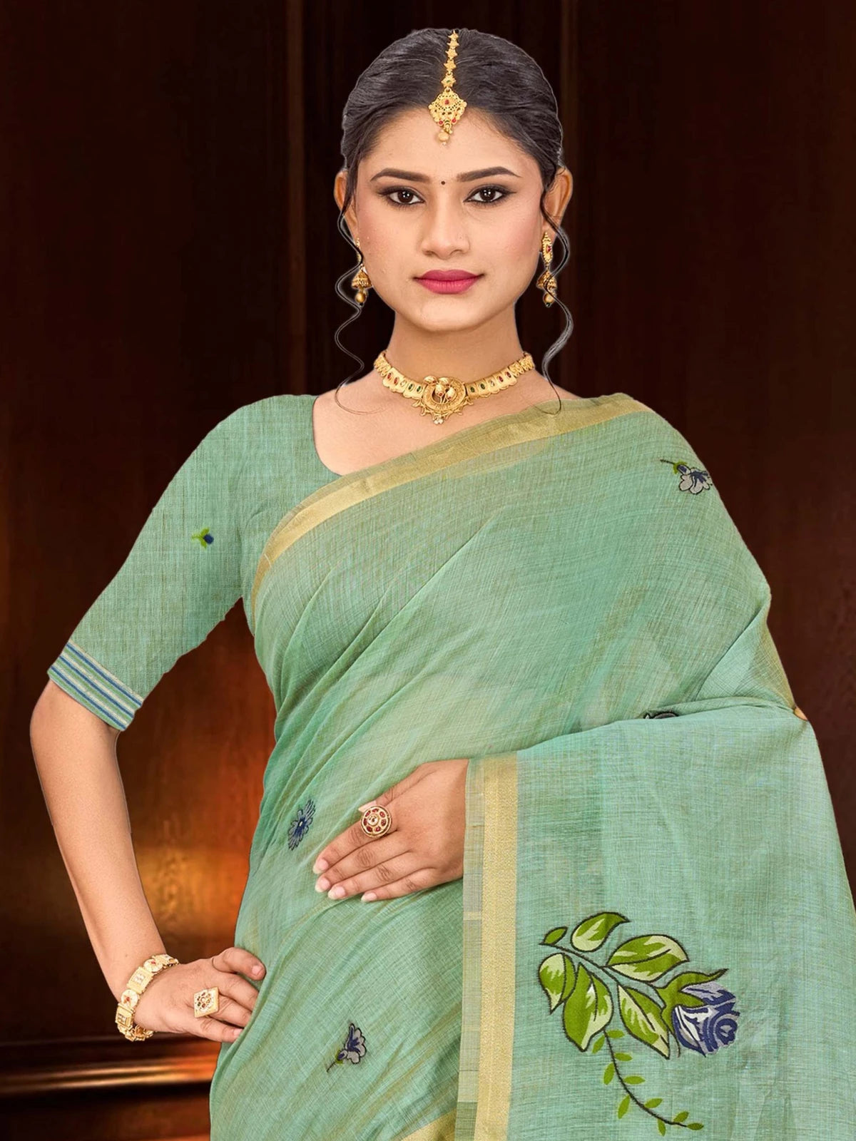 Tarani mint green cotton blend saree upper body view with zari border