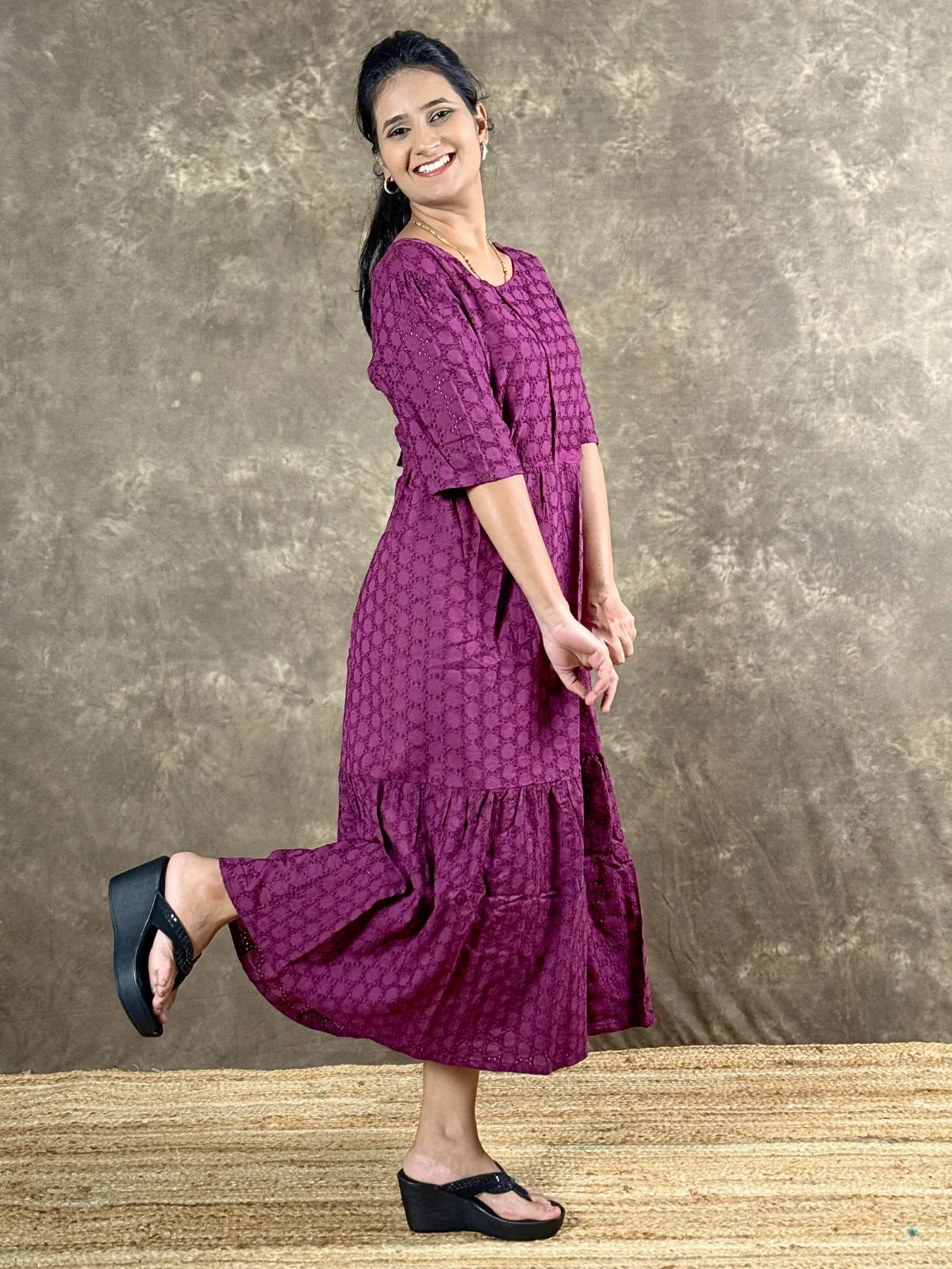 Tarani purple cotton chikankari midi dress side pose full length