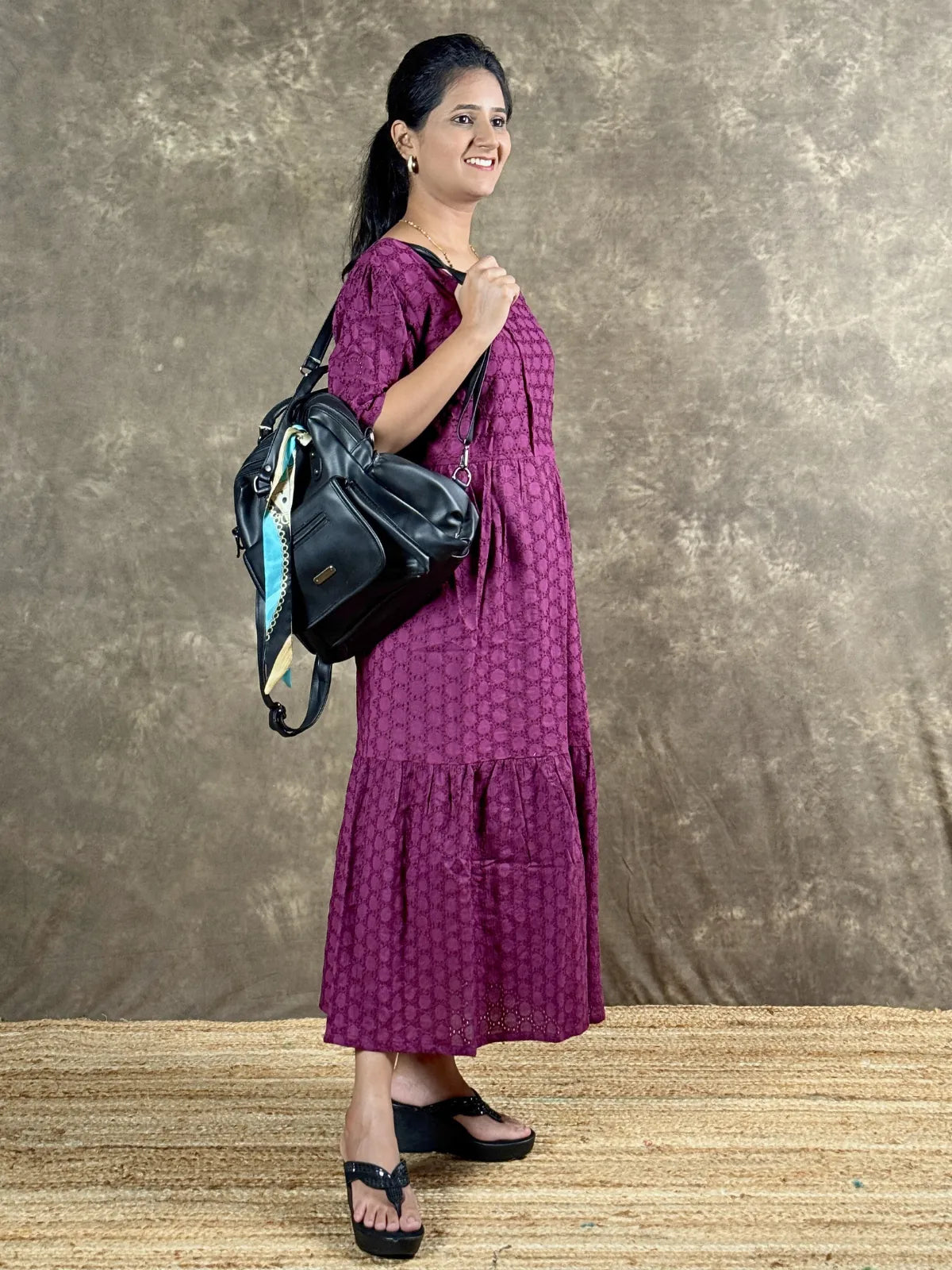 Tarani purple cotton chikankari midi dress elegant side profile view