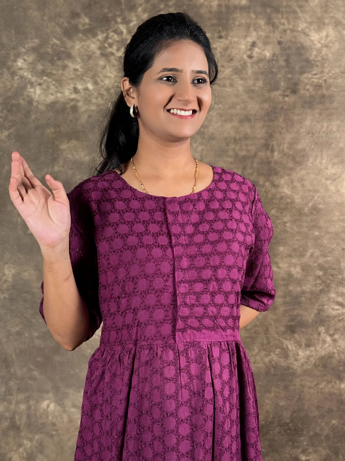 Tarani purple cotton chikankari midi dress close view of upper body