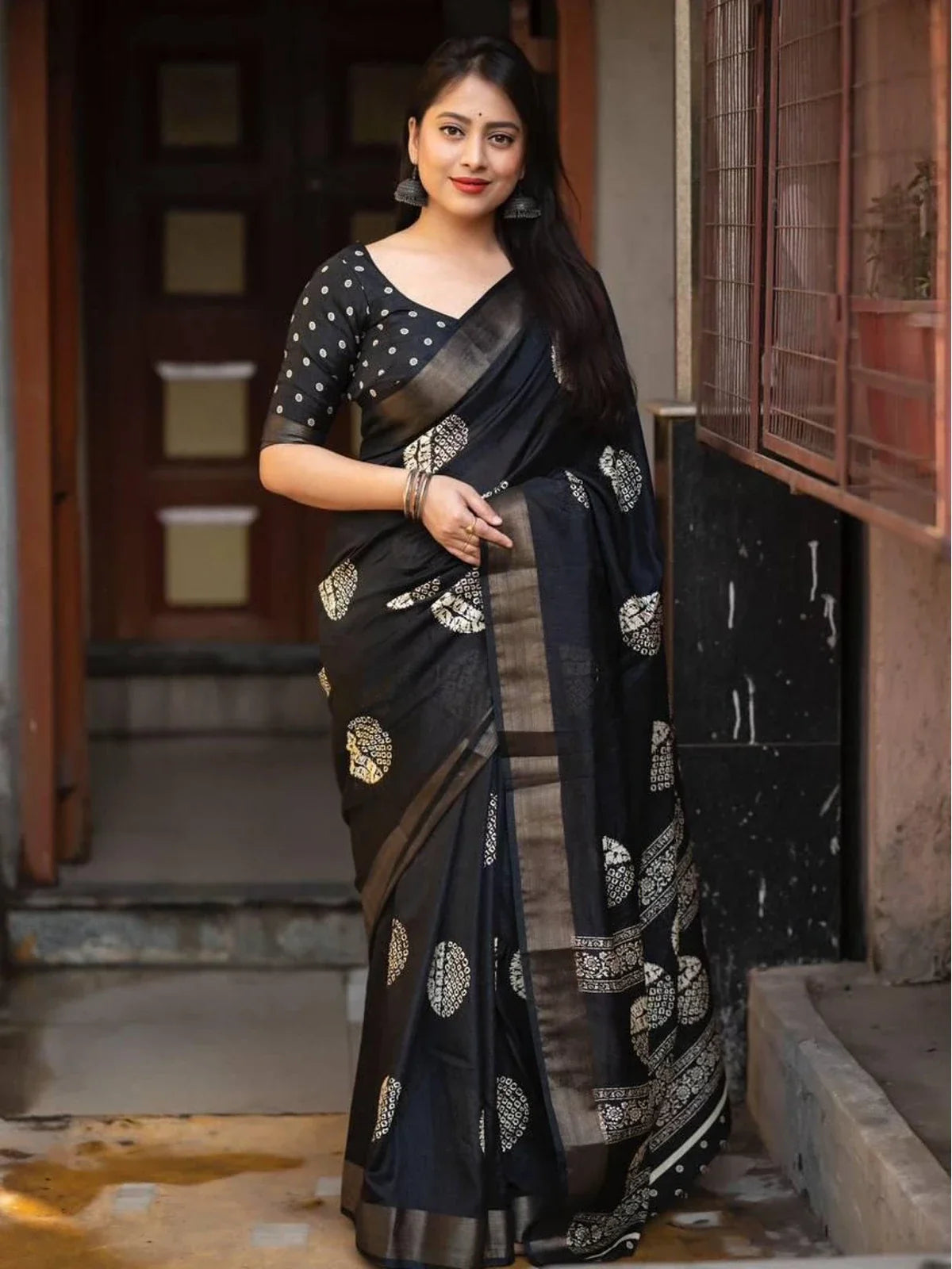 Tarani elegant black cotton crape batik print saree with blouse full view