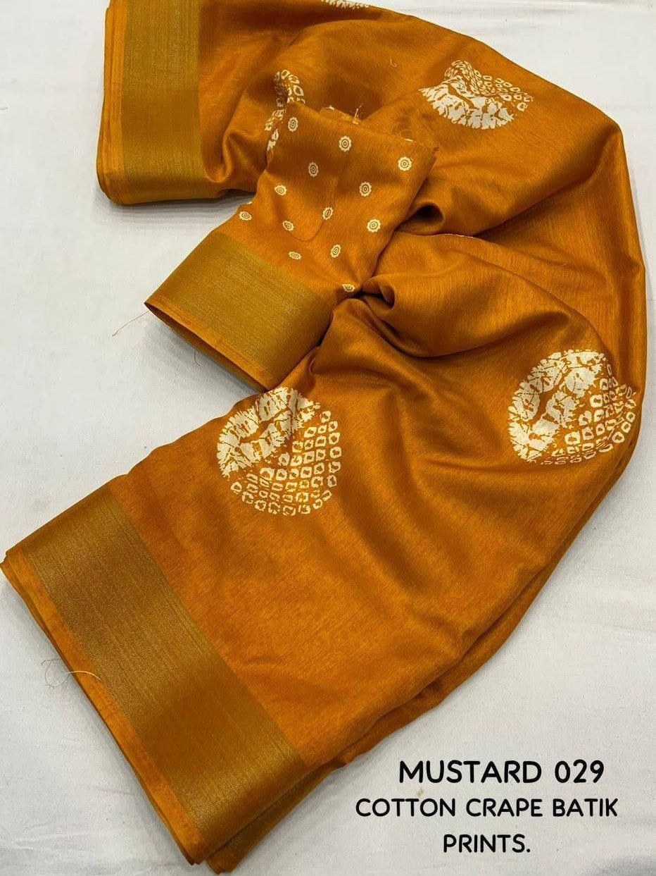 Tarani mustard cotton crape Batik saree pallu and border detailed view