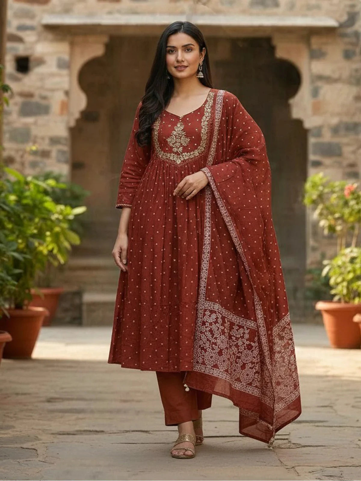 Tarani brown cotton embroidered kurti set with pant and dupatta full view