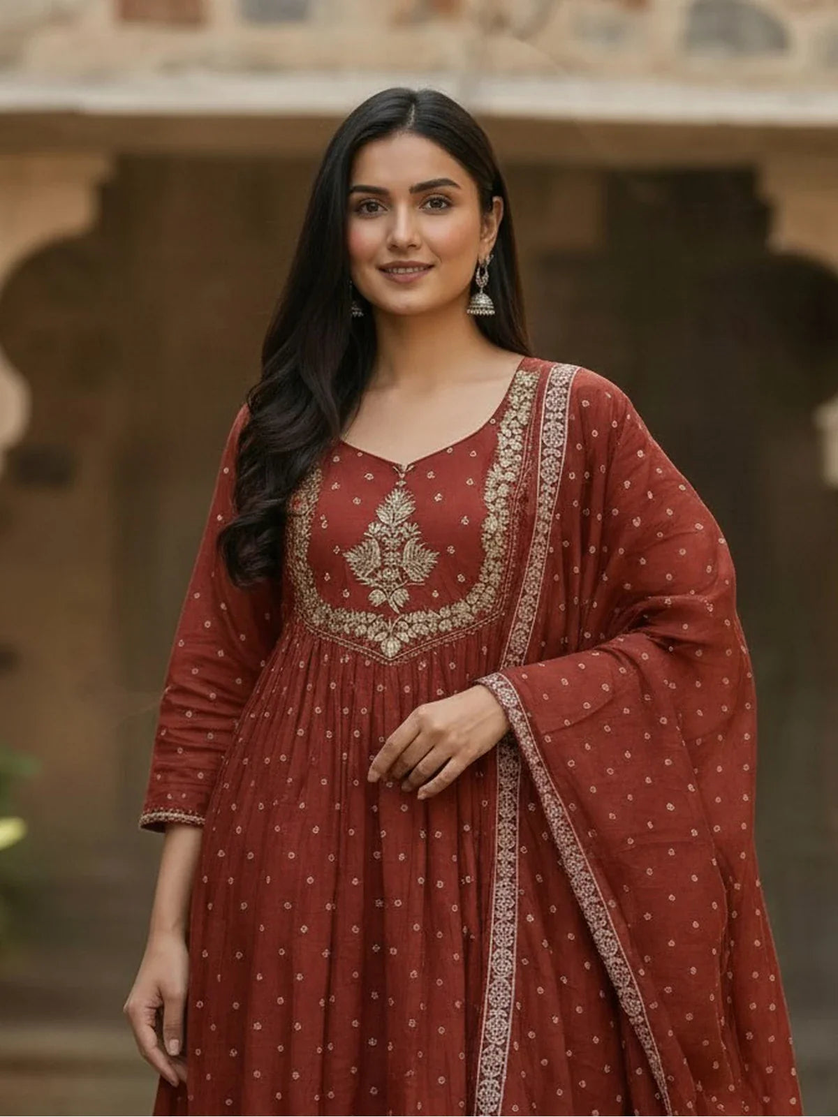 Tarani brown cotton kurti closeup with elegant neck embroidery and dupatta