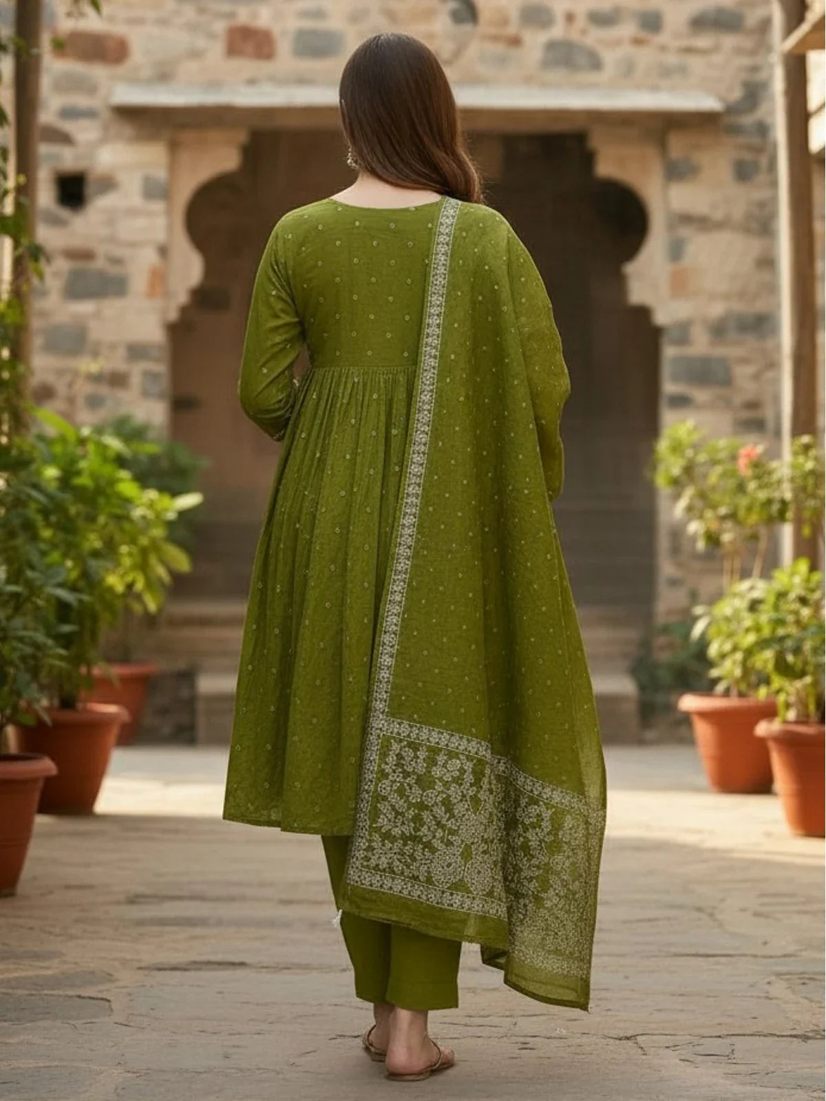 Tarani green cotton dress full back view with embroidered dupatta