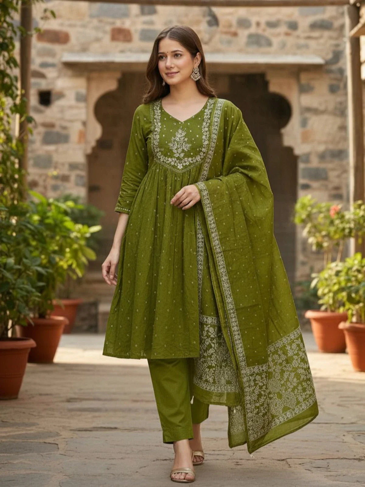 Tarani green cotton dress with white embroidery and dupatta front view