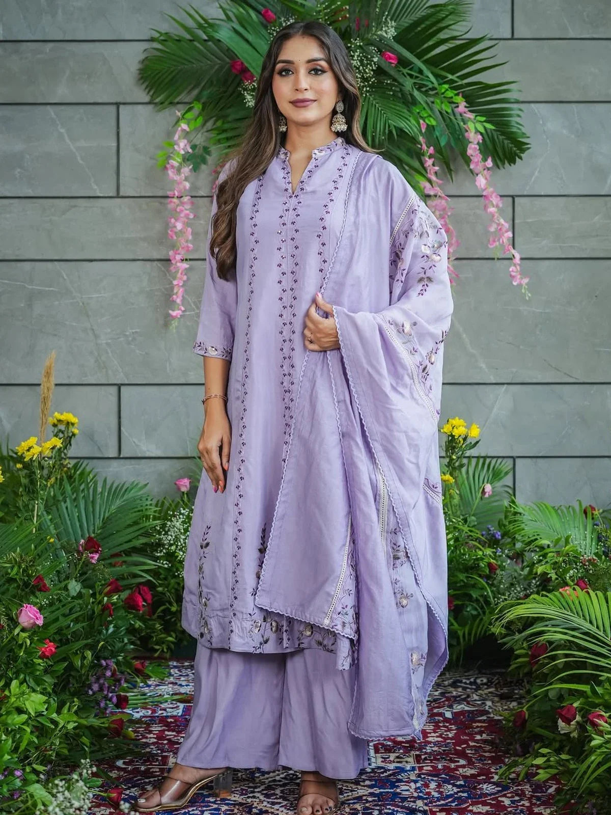 Tarani lavender cotton embroidered kurti set with dupatta full front view