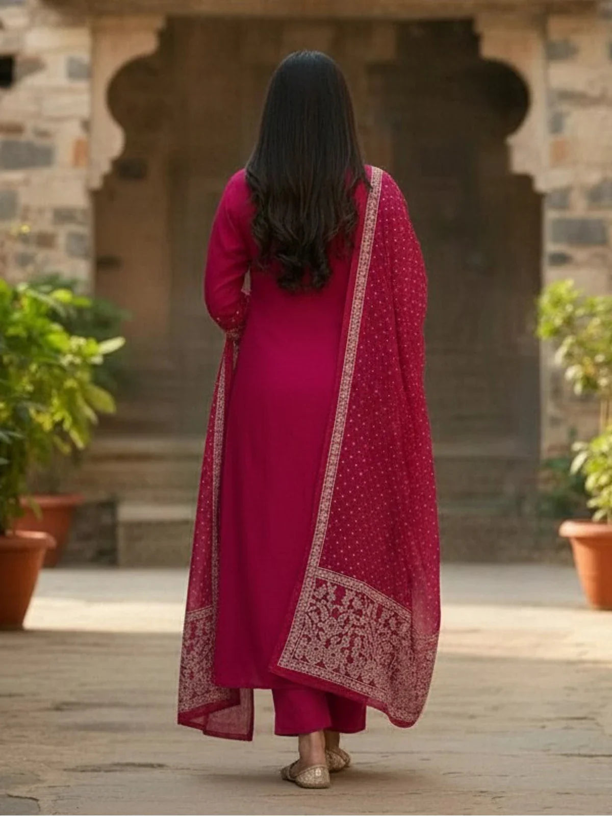 Tarani magenta cotton dress full back view with flowing dupatta and elegant silhouette
