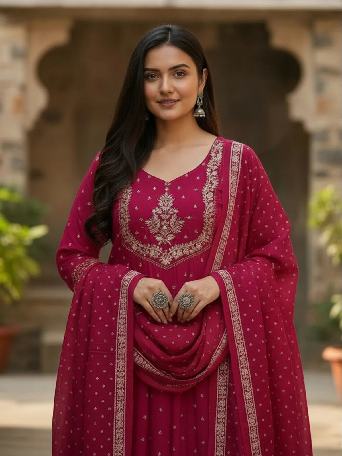 Tarani magenta cotton dress upper body embroidery view with soft neckline and detailed work