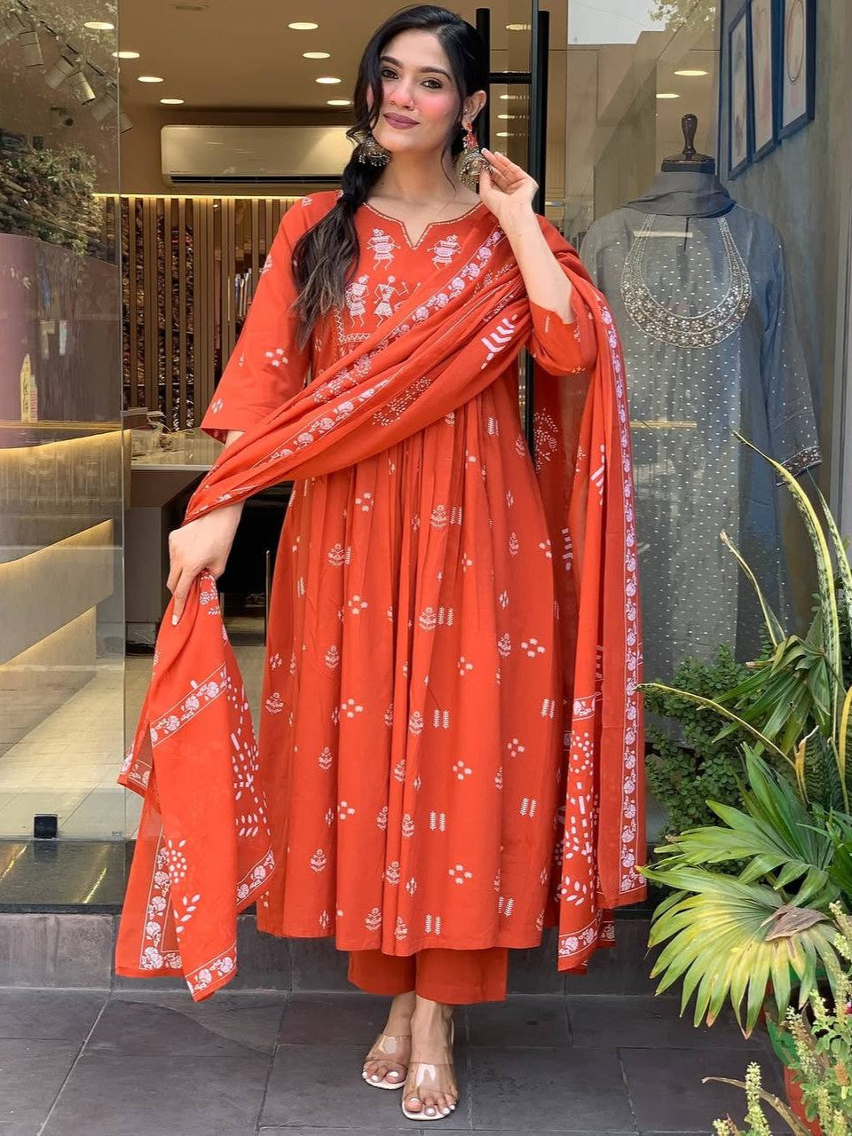 Tarani orange cotton kurti set with pant and dupatta full view
