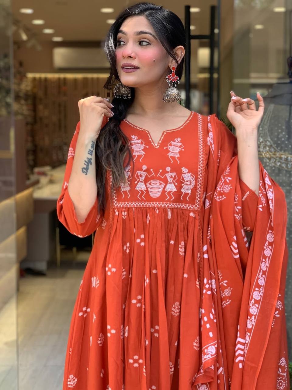 Tarani orange cotton kurti set detailed upper body view with embroidery