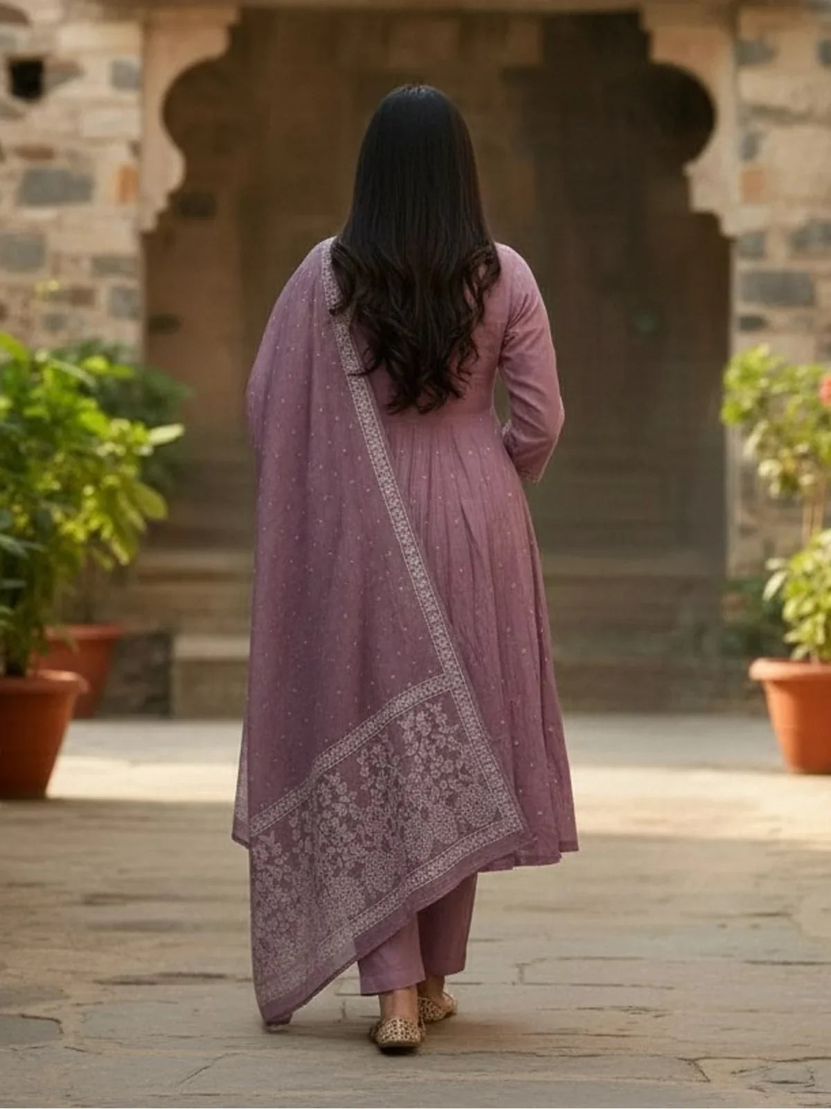 Tarani cotton dress full back view showing dupatta and long pleats