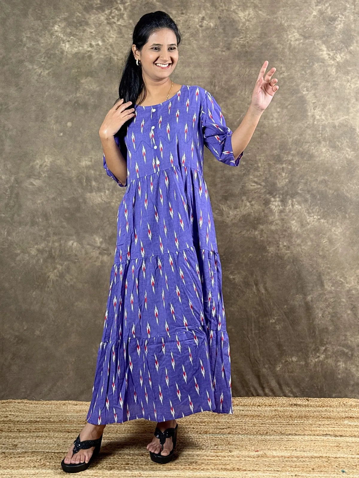 Tarani purple cotton midi dress front view with relaxed fit and elegant style