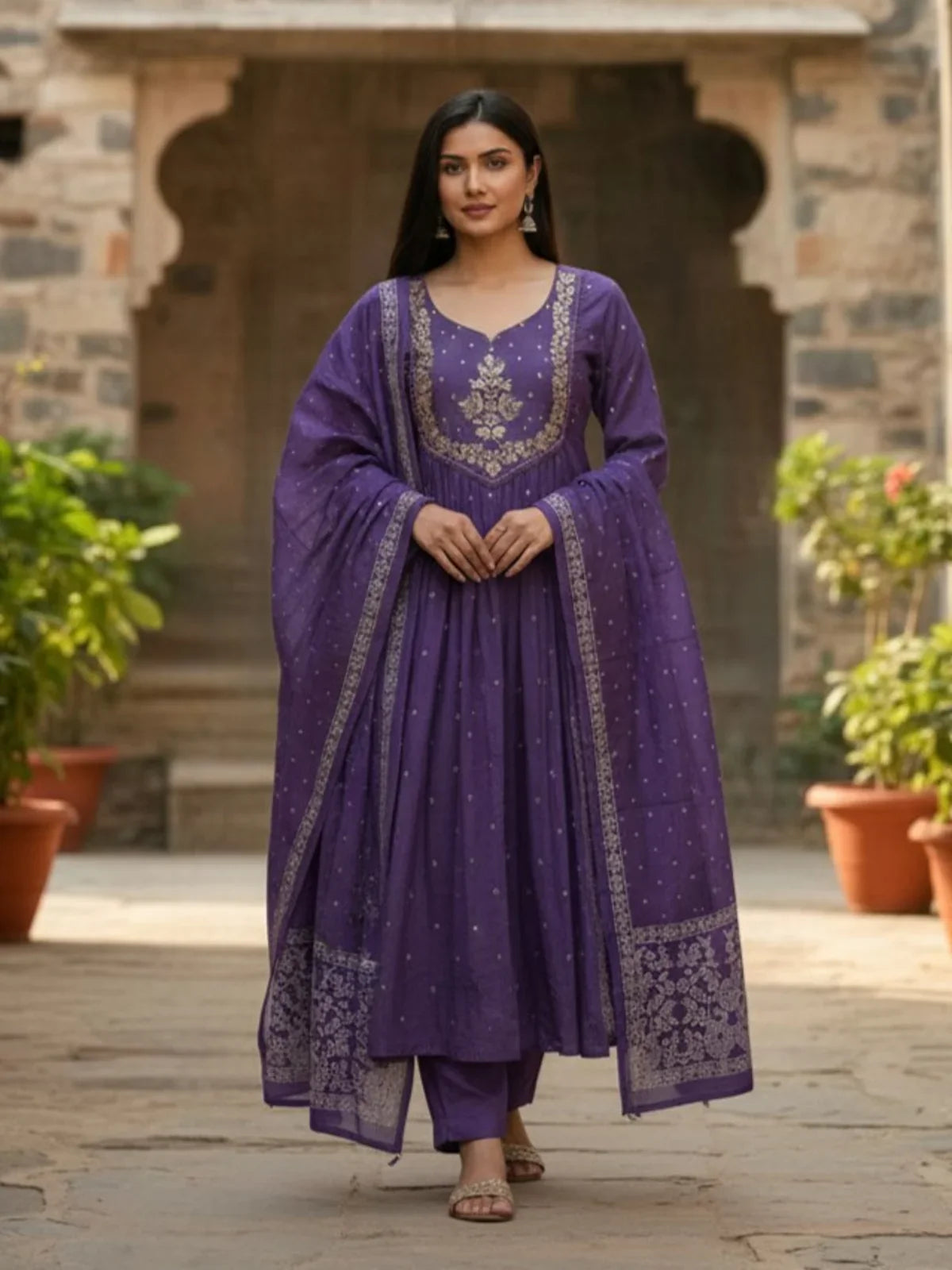 Tarani embroidered purple cotton dress with pant and dupatta full view