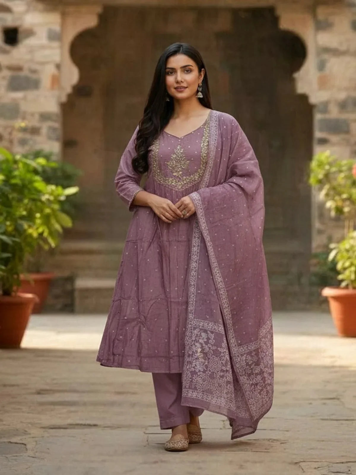 Tarani embroidered cotton purple dress front full view with dupatta and pant